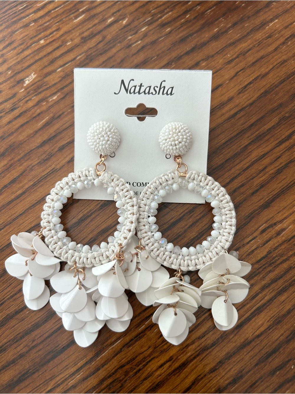 Natasha Couture White Beaded Hoop Dangle Earrings